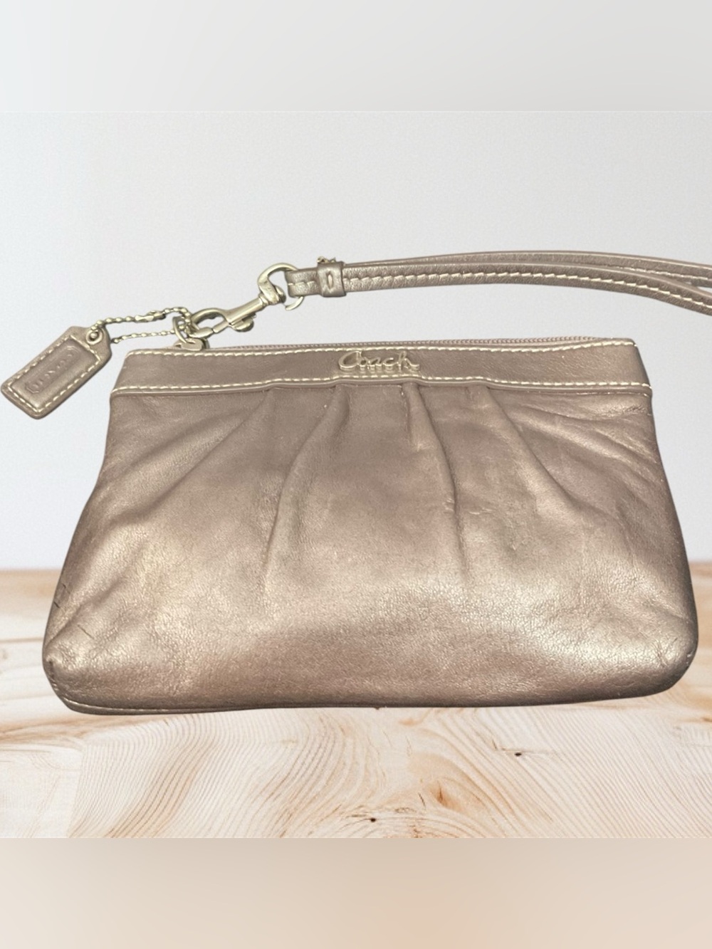 Coach Metallic Taupe Leather Wristlet Clutch
